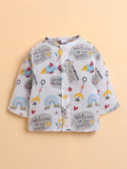 Polka Tots Muslin Cotton Printed Full Sleeve Jabla Pant - White (3-6 Months)