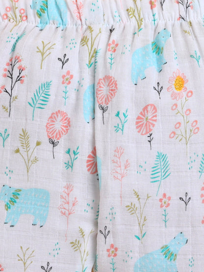 Polka Tots Muslin Cotton Bear Print Full Sleeve Jabla Pant - White (0-3 Months)
