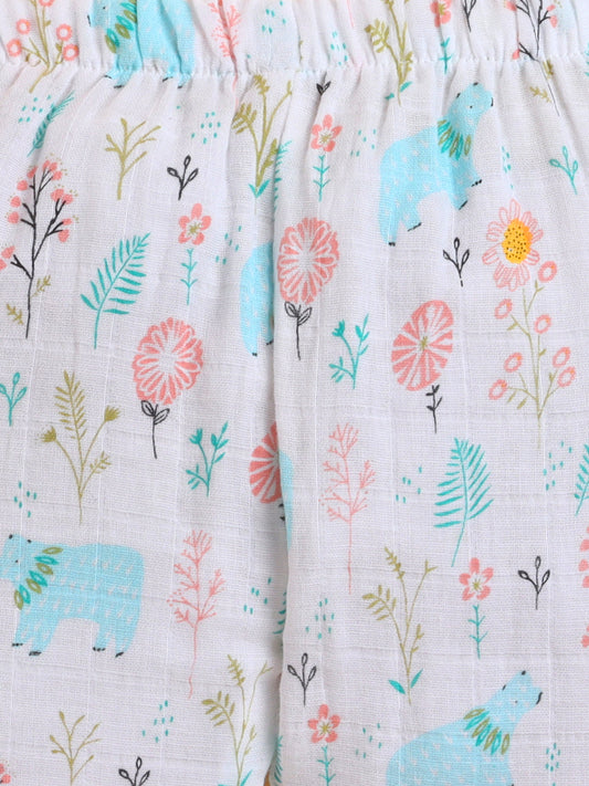 Polka Tots Muslin Cotton Bear Print Full Sleeve Jabla Pant - White (0-3 Months)
