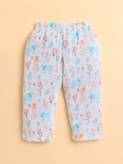 Polka Tots Muslin Cotton Bear Print Full Sleeve Jabla Pant - White (0-3 Months)
