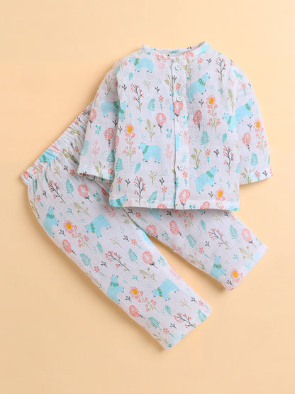 Polka Tots Muslin Cotton Bear Print Full Sleeve Jabla Pant - White (0-3 Months)