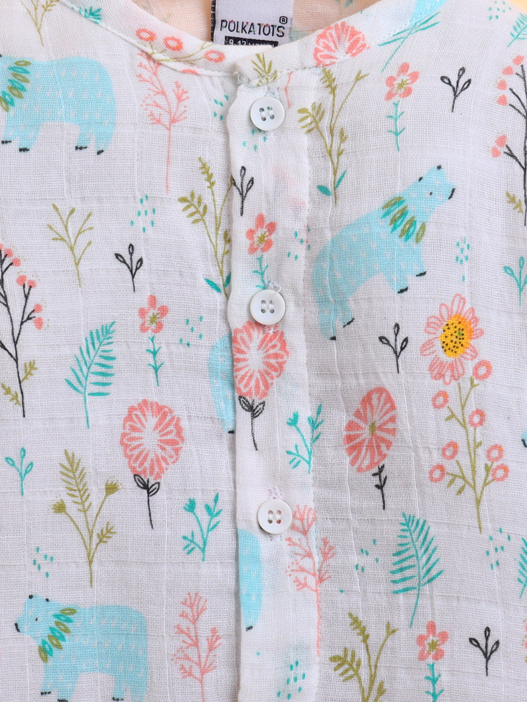 Polka Tots Muslin Cotton Bear Print Full Sleeve Jabla Pant - White (0-3 Months)