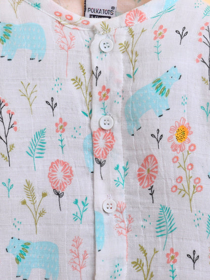 Polka Tots Muslin Cotton Bear Print Full Sleeve Jabla Pant - White (0-3 Months)