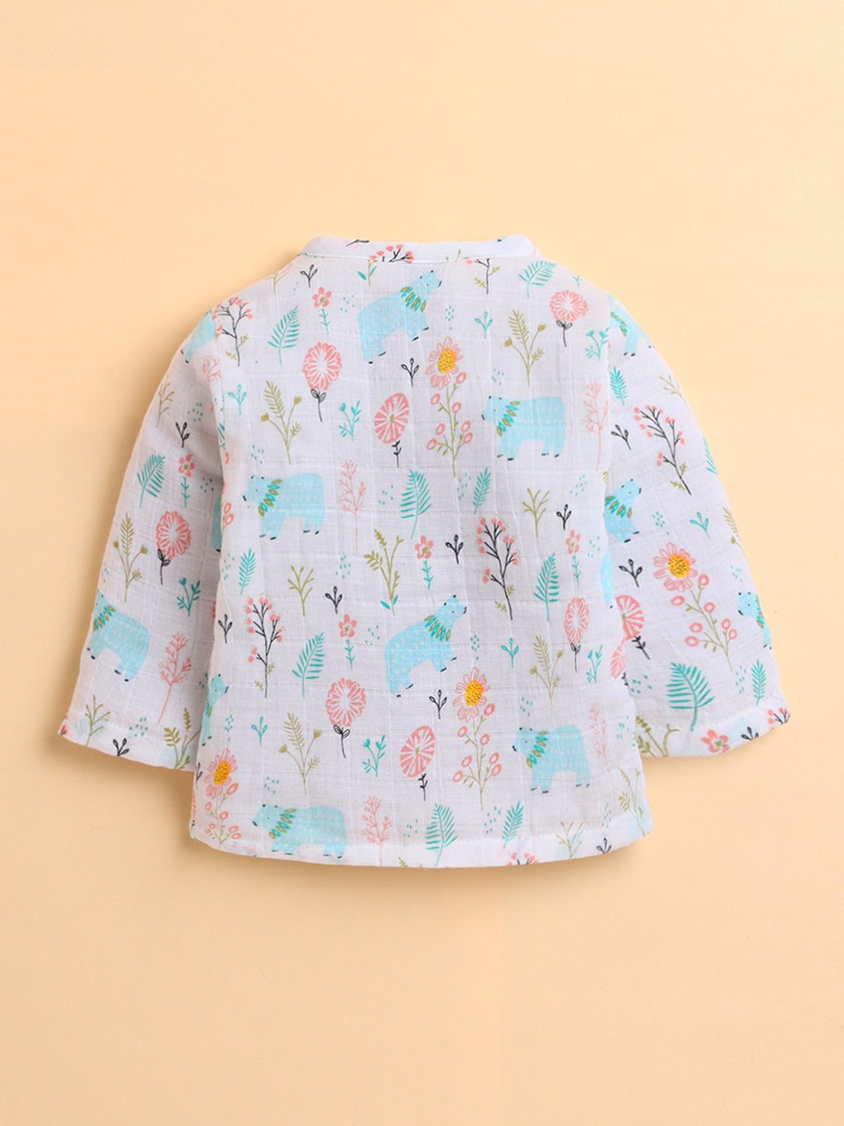 Polka Tots Muslin Cotton Bear Print Full Sleeve Jabla Pant - White (0-3 Months)