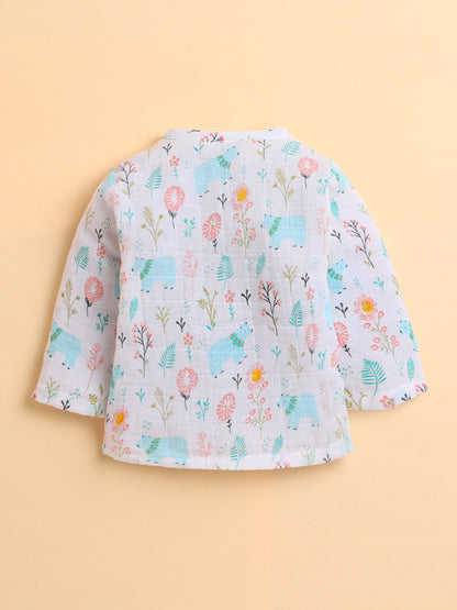 Polka Tots Muslin Cotton Bear Print Full Sleeve Jabla Pant - White (0-3 Months)