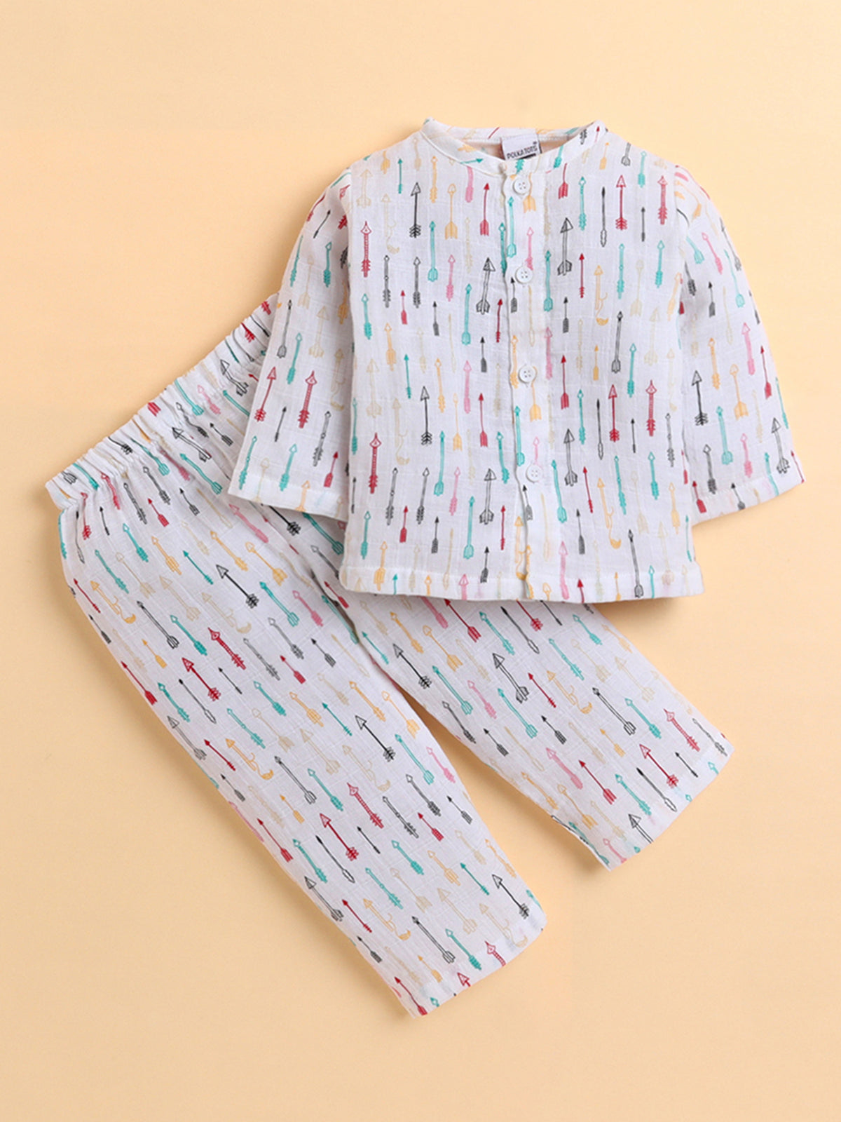 Polka Tots Muslin Cotton Cupid Print Full Sleeve Jabla Pant - White (3-6 Months)