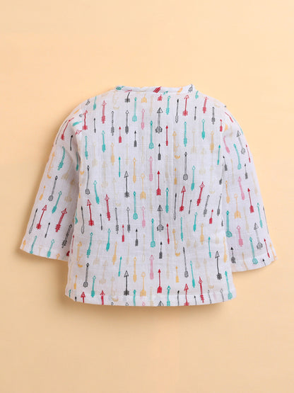 Polka Tots Muslin Cotton Cupid Print Full Sleeve Jabla Pant - White (3-6 Months)