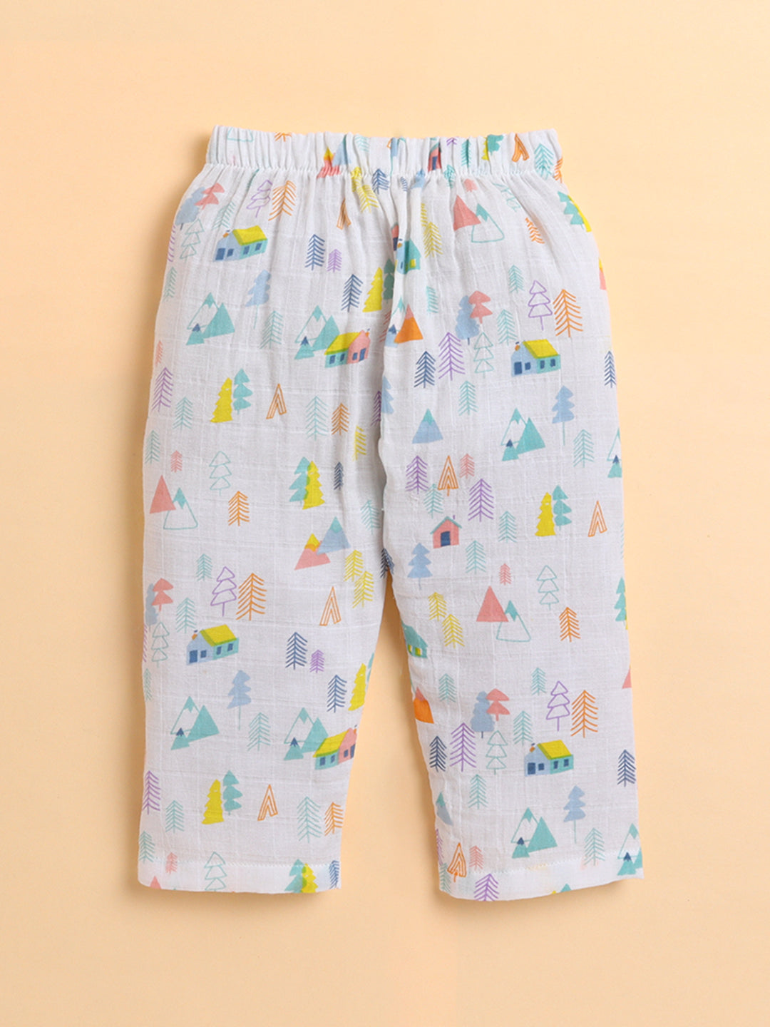 Polka Tots Muslin Cotton Tiny Town Print Full Sleeve Jabla Pant - White (3-6 Months)