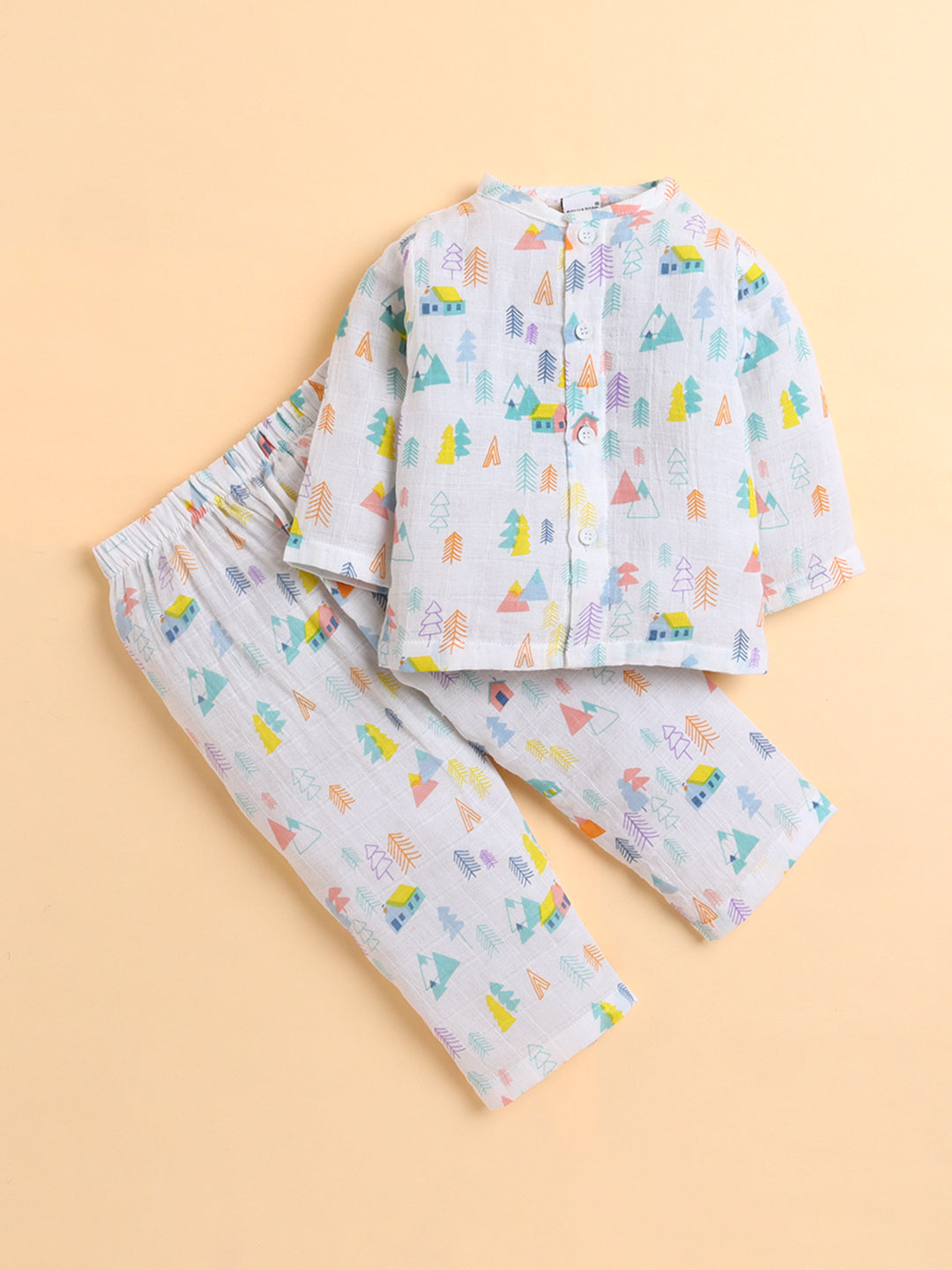 Polka Tots Muslin Cotton Tiny Town Print Full Sleeve Jabla Pant - White (3-6 Months)