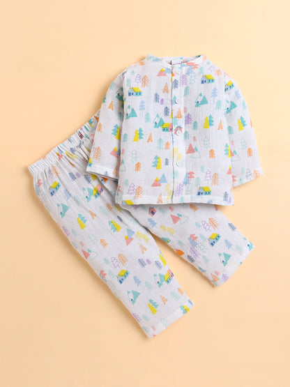 Polka Tots Muslin Cotton Tiny Town Print Full Sleeve Jabla Pant - White (3-6 Months)