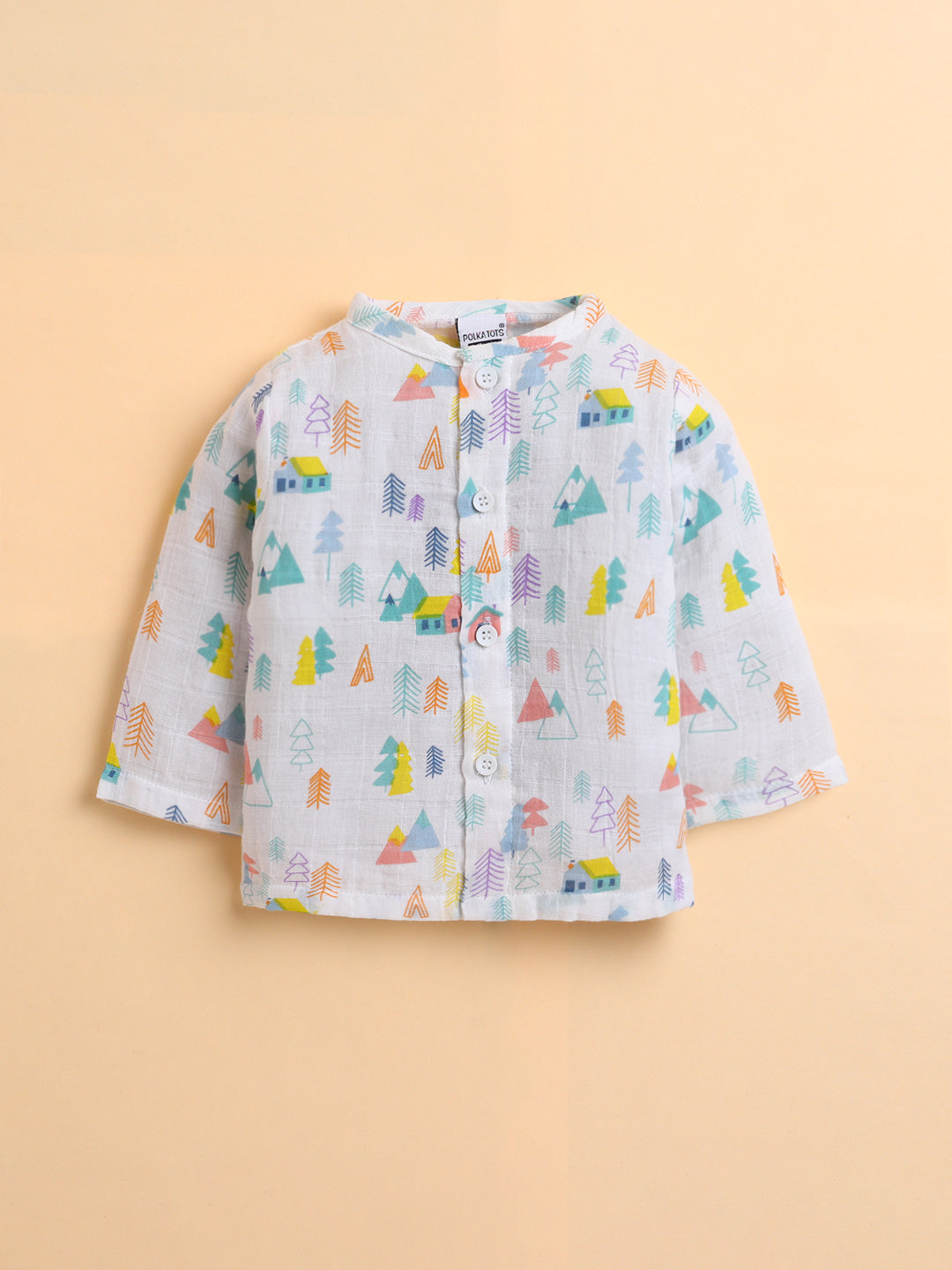 Polka Tots Muslin Cotton Tiny Town Print Full Sleeve Jabla Pant - White (3-6 Months)