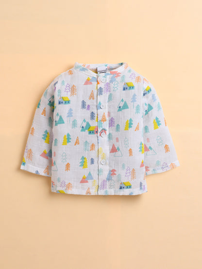 Polka Tots Muslin Cotton Tiny Town Print Full Sleeve Jabla Pant - White (3-6 Months)