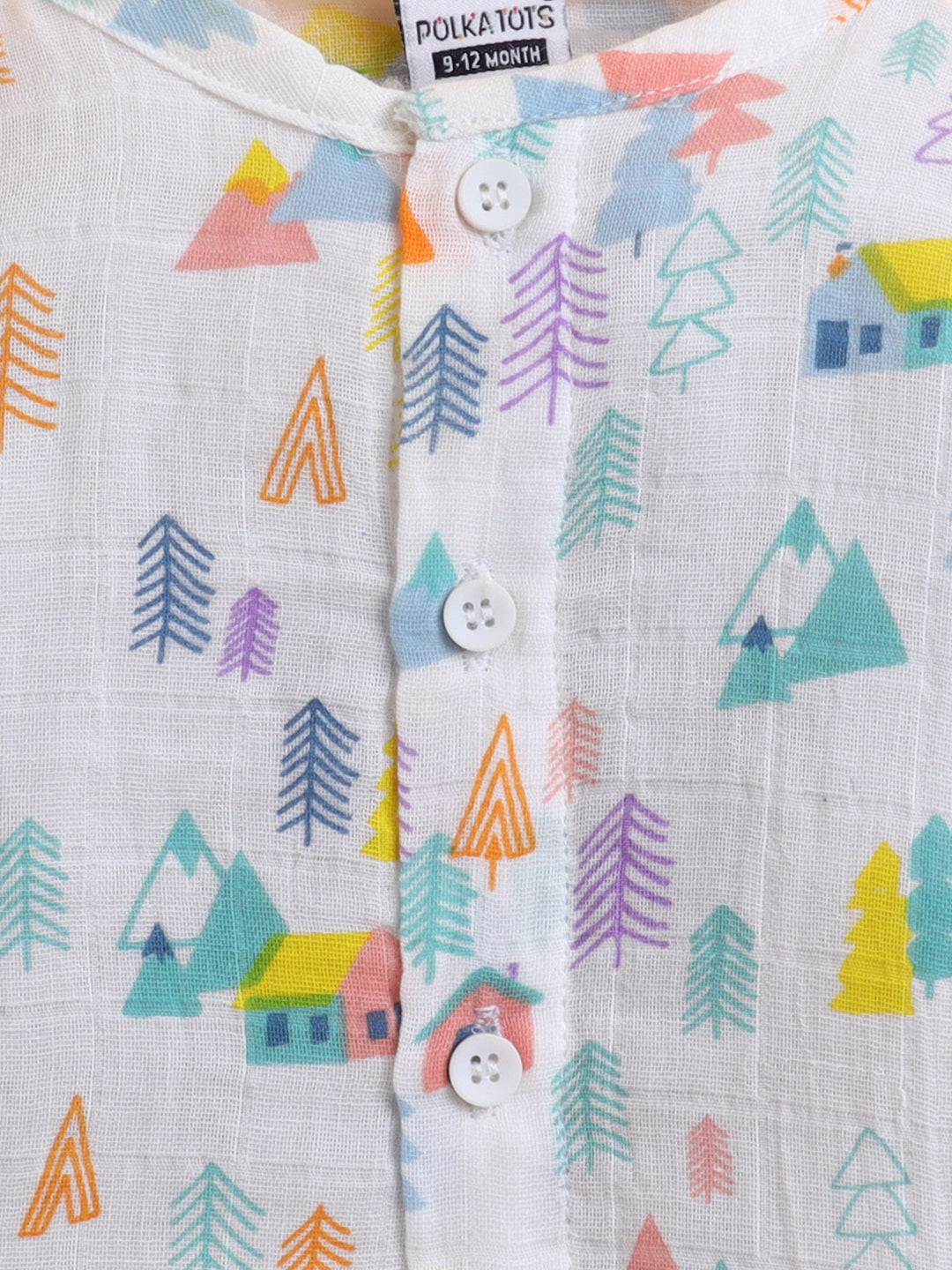Polka Tots Muslin Cotton Tiny Town Print Full Sleeve Jabla Pant - White (3-6 Months)