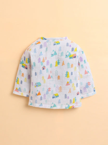 Polka Tots Muslin Cotton Tiny Town Print Full Sleeve Jabla Pant - White (3-6 Months)