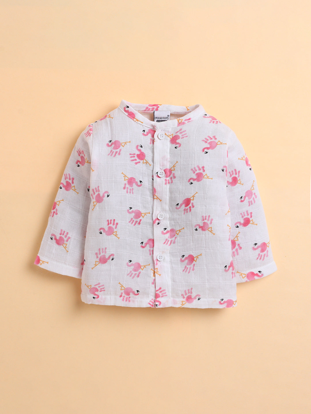 Polka Tots Muslin Cotton Flamingo Print Full Sleeve Jabla Pant - White (0-3 Months)