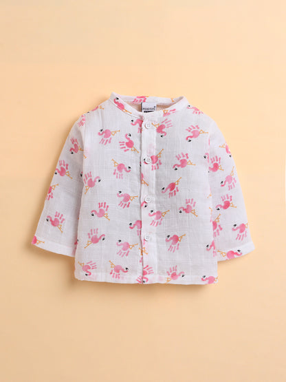 Polka Tots Muslin Cotton Flamingo Print Full Sleeve Jabla Pant - White (0-3 Months)