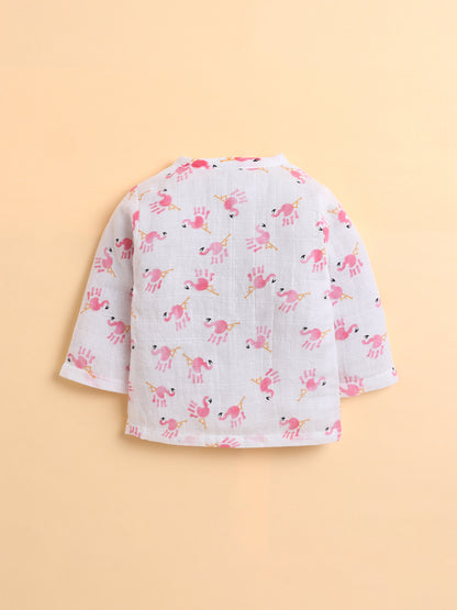 Polka Tots Muslin Cotton Flamingo Print Full Sleeve Jabla Pant - White (0-3 Months)