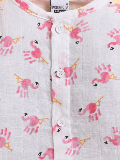 Polka Tots Muslin Cotton Flamingo Print Full Sleeve Jabla Pant - White (0-3 Months)