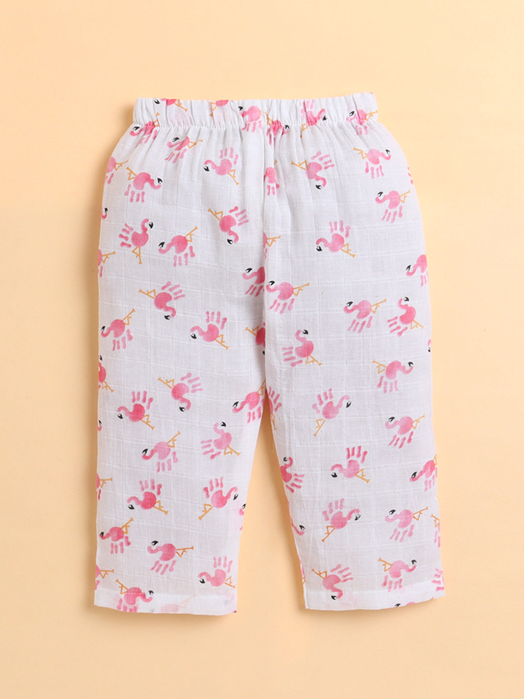Polka Tots Muslin Cotton Flamingo Print Full Sleeve Jabla Pant - White (0-3 Months)