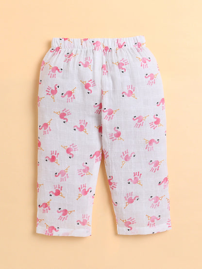 Polka Tots Muslin Cotton Flamingo Print Full Sleeve Jabla Pant - White (0-3 Months)