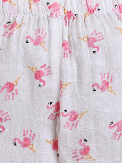 Polka Tots Muslin Cotton Flamingo Print Full Sleeve Jabla Pant - White (0-3 Months)