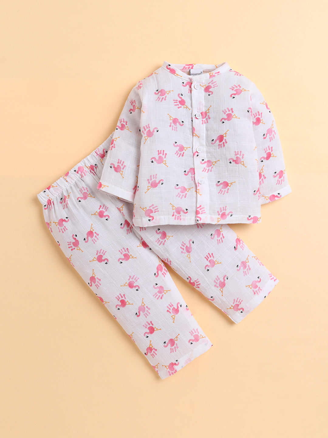 Polka Tots Muslin Cotton Flamingo Print Full Sleeve Jabla Pant - White (0-3 Months)