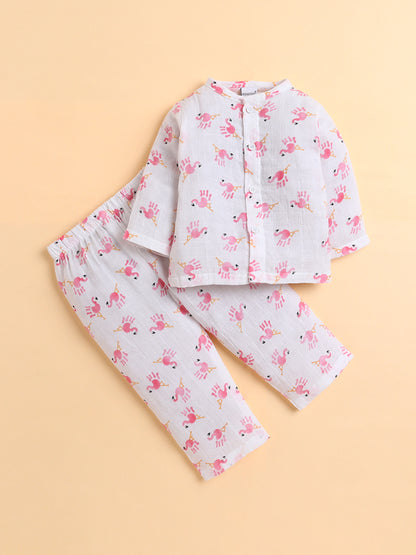 Polka Tots Muslin Cotton Flamingo Print Full Sleeve Jabla Pant - White (0-3 Months)