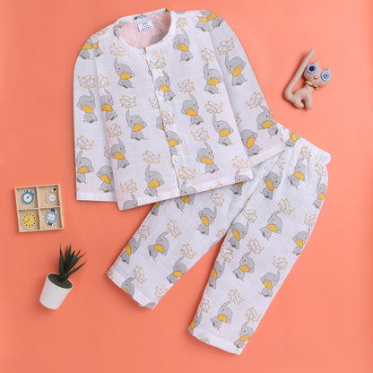Polka Tots Muslin Cotton Elephant Print Full Sleeve Jabla Pant - White (0-3 Months)
