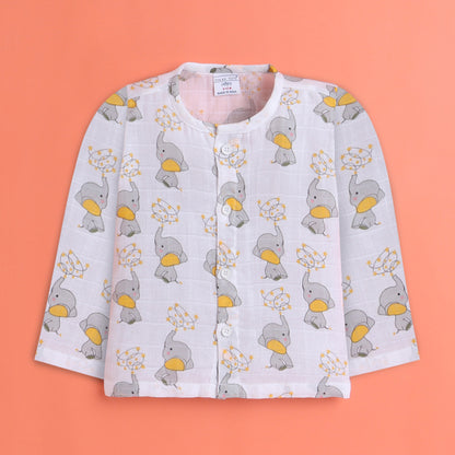 Polka Tots Muslin Cotton Elephant Print Full Sleeve Jabla Pant - White (0-3 Months)