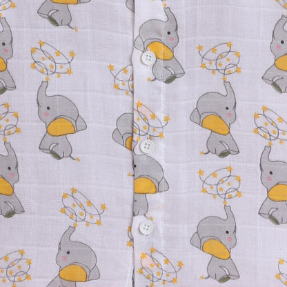 Polka Tots Muslin Cotton Elephant Print Full Sleeve Jabla Pant - White (0-3 Months)