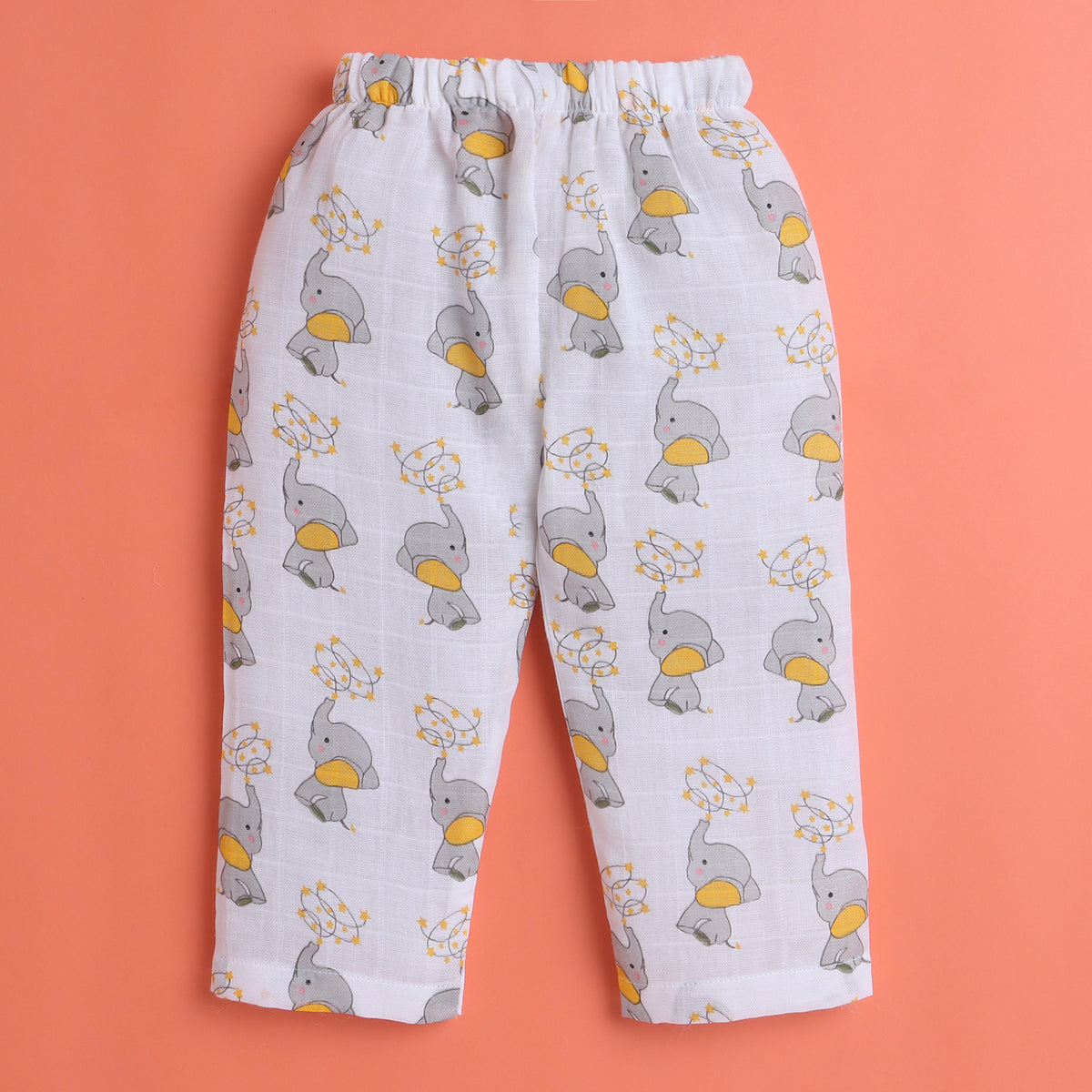 Polka Tots Muslin Cotton Elephant Print Full Sleeve Jabla Pant - White (0-3 Months)