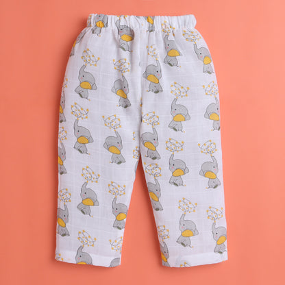 Polka Tots Muslin Cotton Elephant Print Full Sleeve Jabla Pant - White (0-3 Months)