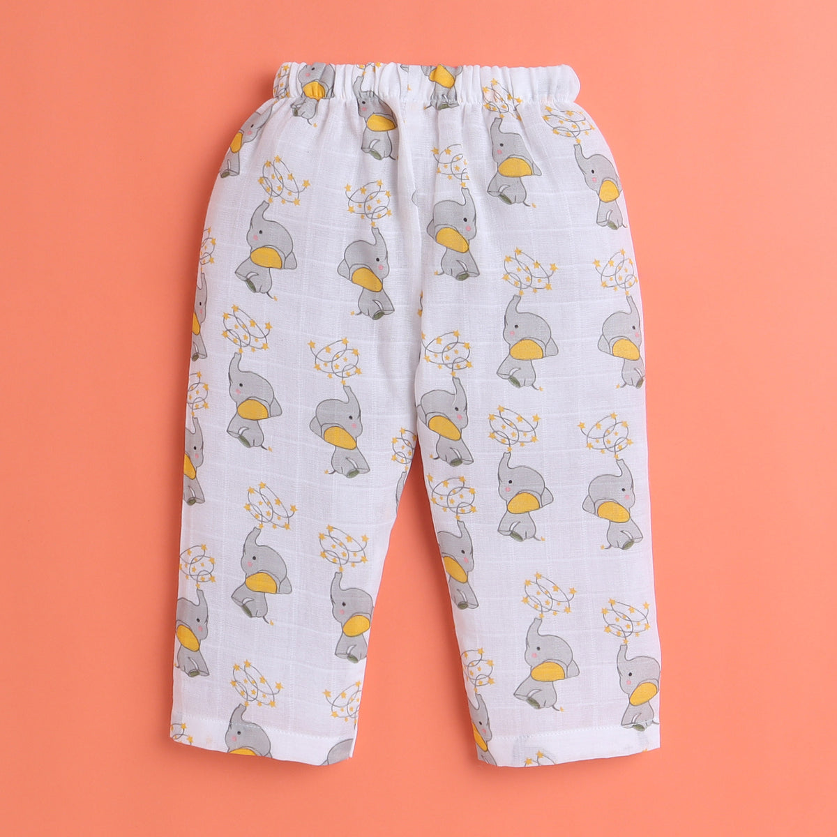 Polka Tots Muslin Cotton Elephant Print Full Sleeve Jabla Pant - White (0-3 Months)