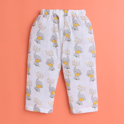 Polka Tots Muslin Cotton Elephant Print Full Sleeve Jabla Pant - White (0-3 Months)