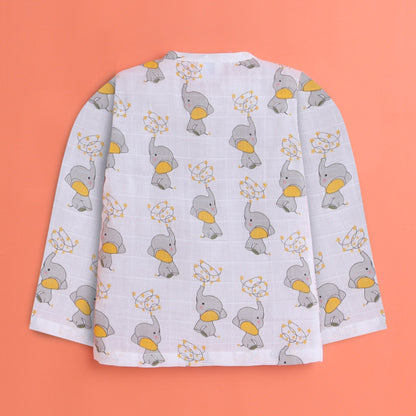 Polka Tots Muslin Cotton Elephant Print Full Sleeve Jabla Pant - White (0-3 Months)