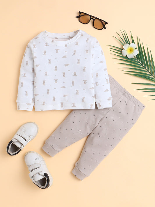 Polka Tots Cotton Sweatshirt & Jogger Pants for Baby Girls & Boys - Beige (0-3 Months)