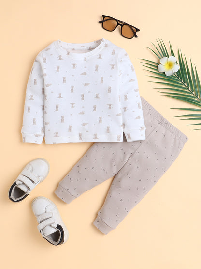 Polka Tots Cotton Sweatshirt & Jogger Pants for Baby Girls & Boys - Beige (3-6 Months)