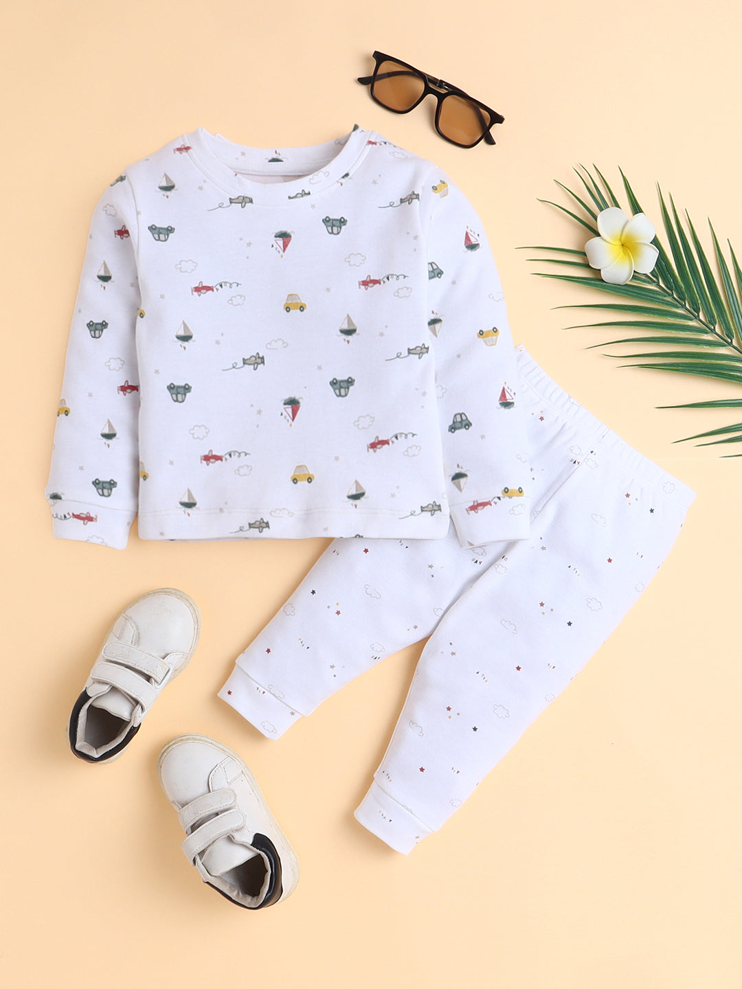 Polka Tots Cotton Sweatshirt & Jogger Pants for Baby Girls & Boys - White (0-2 Months)
