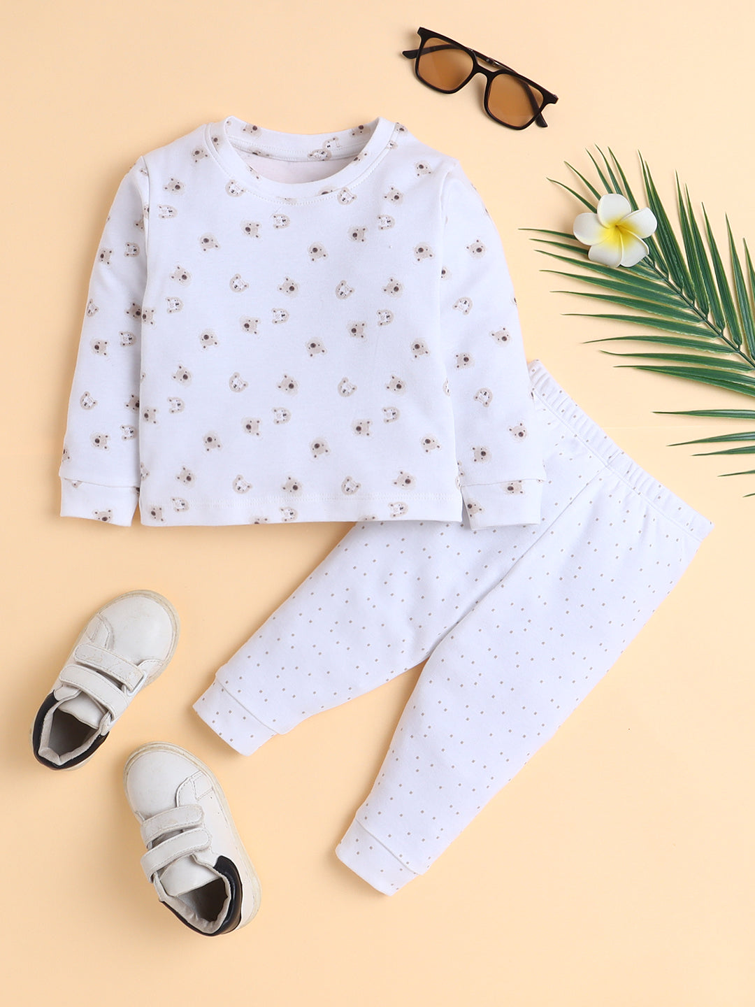 Polka Tots Cotton Sweatshirt & Jogger Pants for Baby Girls & Boys - White (0-3 Months)