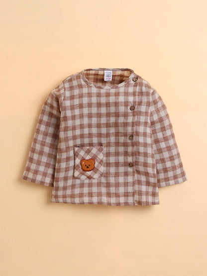Polka Tots Cotton Linen Checks Full Sleeve Jabla Pant - Brown (0-3 Months)