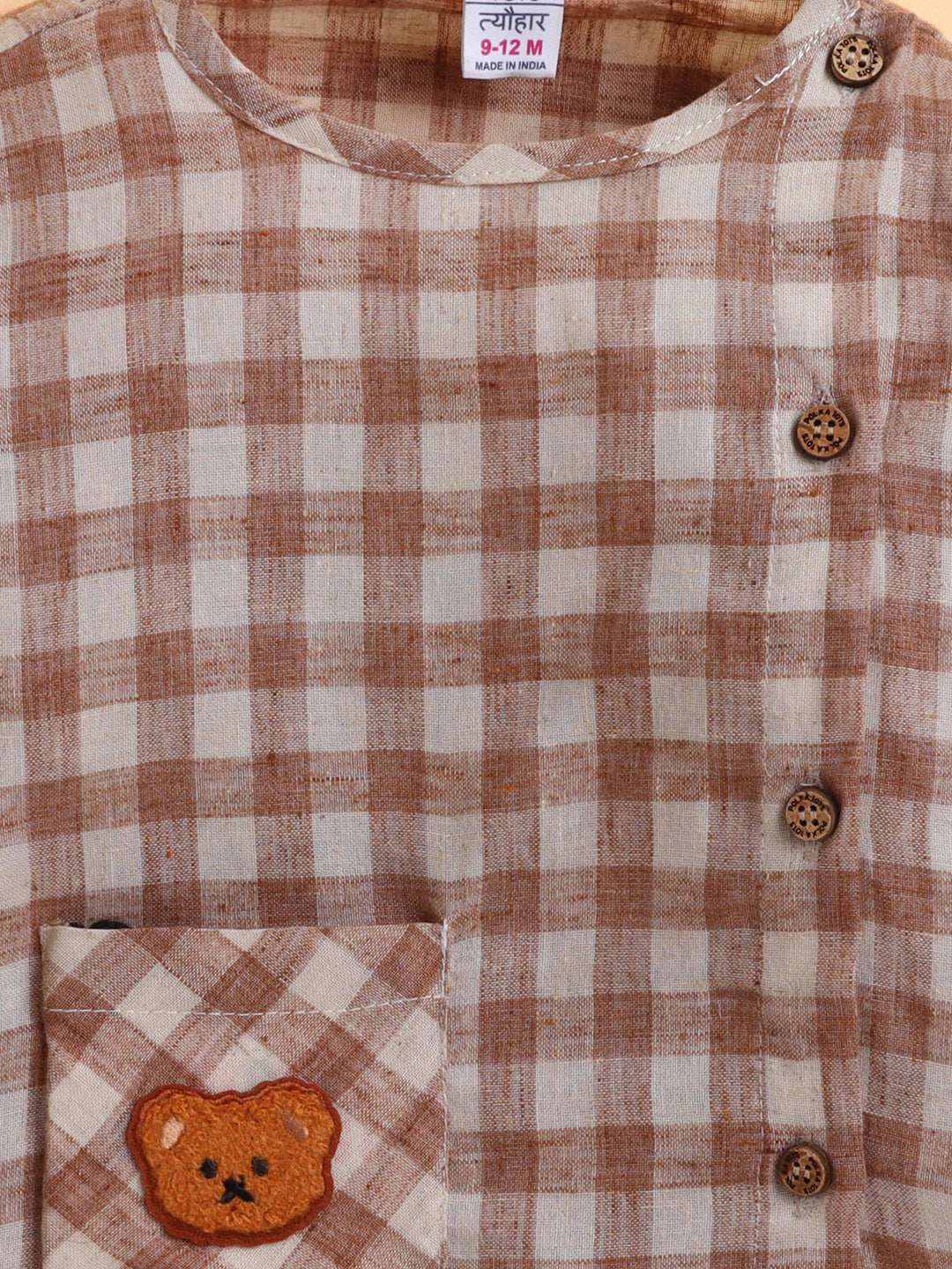 Polka Tots Cotton Linen Checks Full Sleeve Jabla Pant - Brown (0-3 Months)