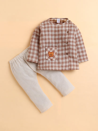 Polka Tots Cotton Linen Checks Full Sleeve Jabla Pant - Brown (0-3 Months)