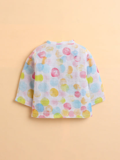 Polka Tots Muslin Cotton Polka Dots Print Full Sleeve Jabla Pant - White (0-3 Months)