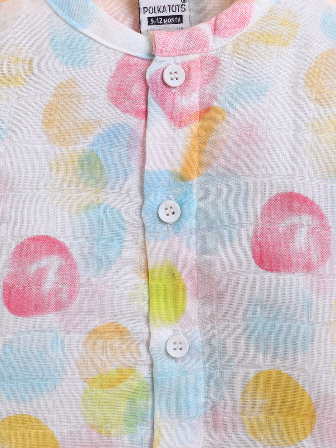 Polka Tots Muslin Cotton Polka Dots Print Full Sleeve Jabla Pant - White (0-3 Months)