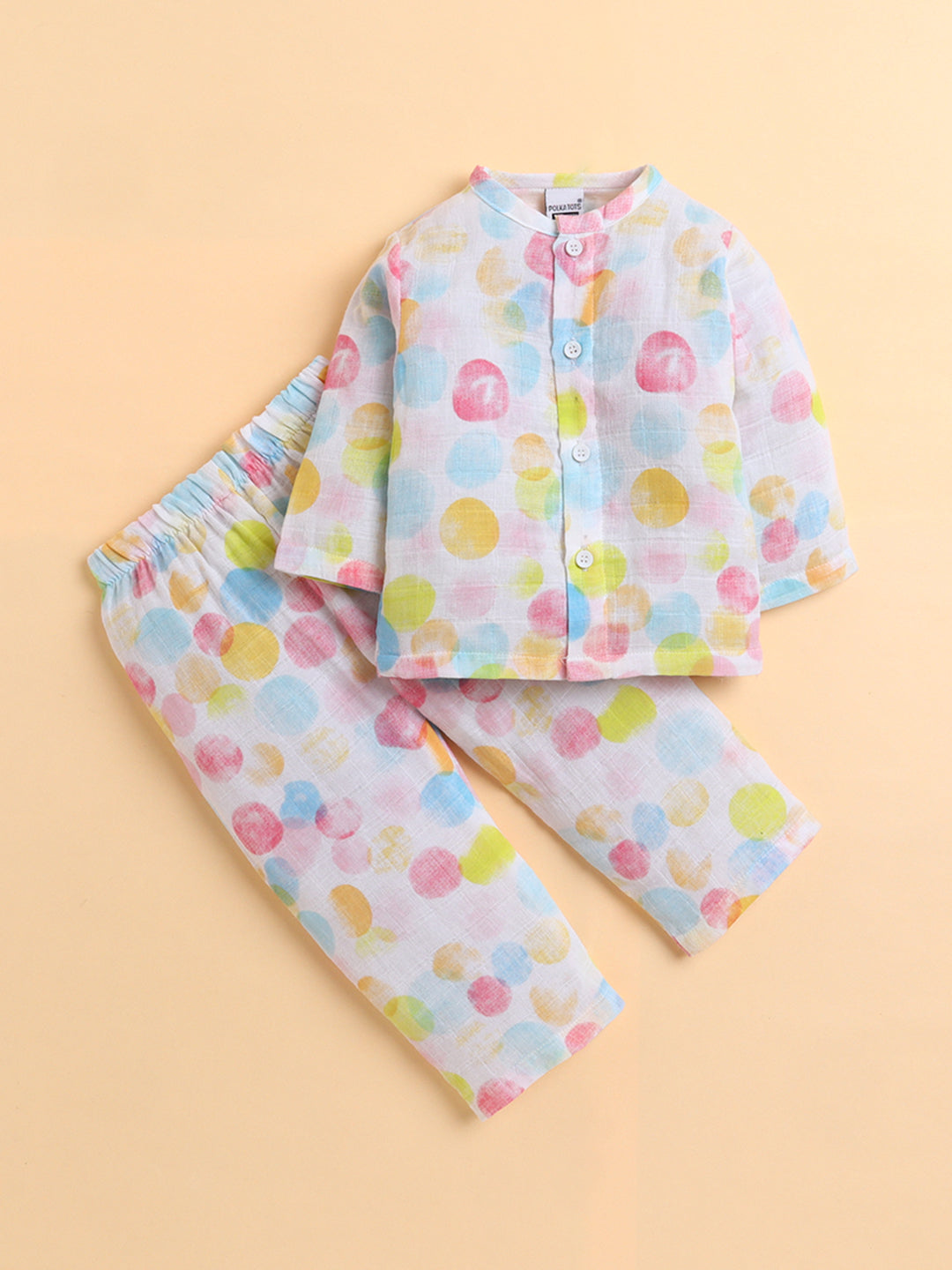Polka Tots Muslin Cotton Polka Dots Print Full Sleeve Jabla Pant - White (0-3 Months)