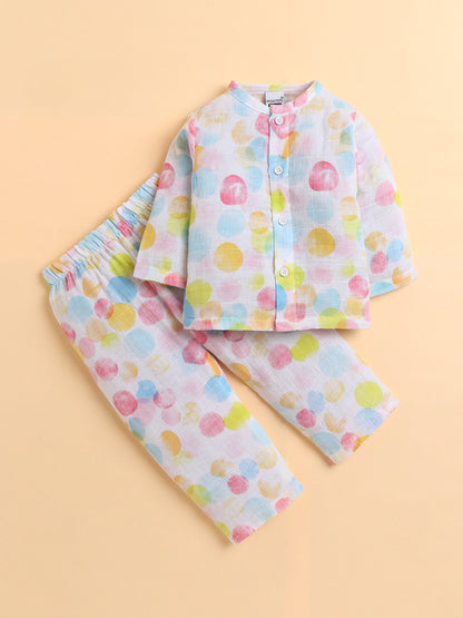 Polka Tots Muslin Cotton Polka Dots Print Full Sleeve Jabla Pant - White (0-3 Months)