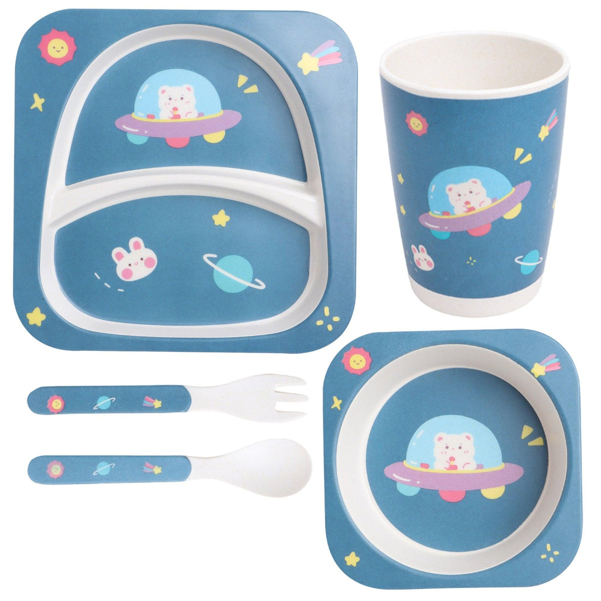 Polka Tots Eco Friendly 5 Pc Bamboo Fiber Dinner Set For Toddler (Space)