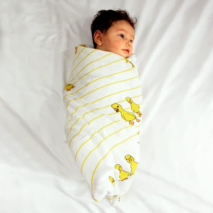 TinyLane 100% Organic Bamboo Cotton Muslin Baby Swaddle Wrapper Duck Print - Multicolor