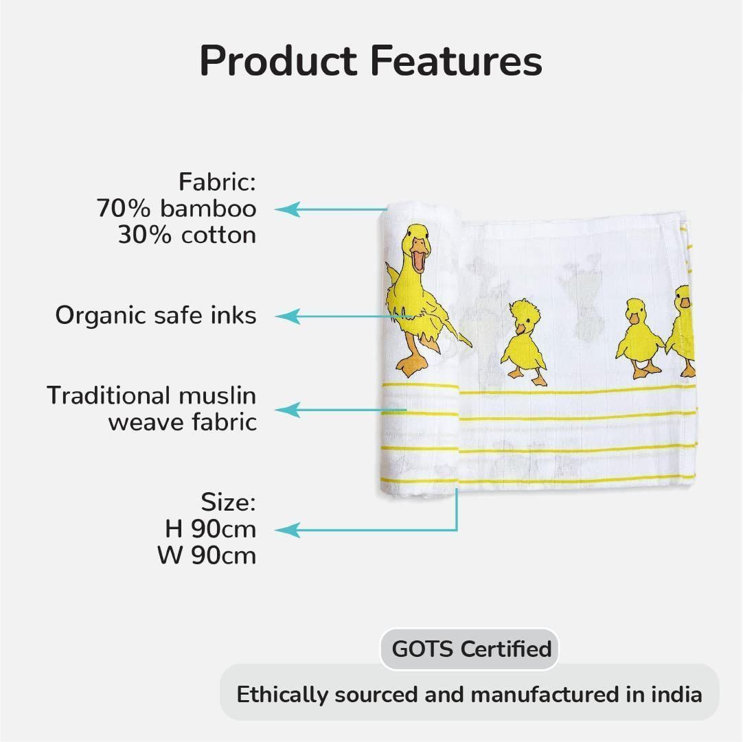 TinyLane 100% Organic Bamboo Cotton Muslin Baby Swaddle Wrapper Duck Print - Multicolor