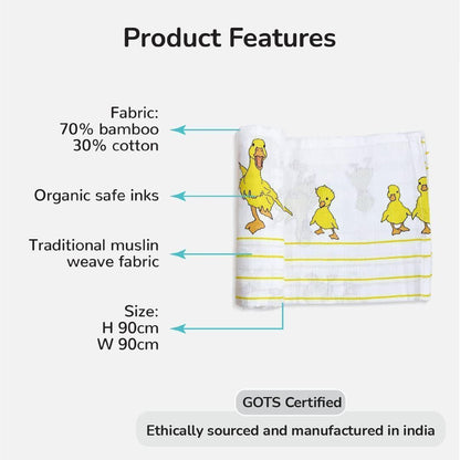TinyLane 100% Organic Bamboo Cotton Muslin Baby Swaddle Wrapper Duck Print - Multicolor